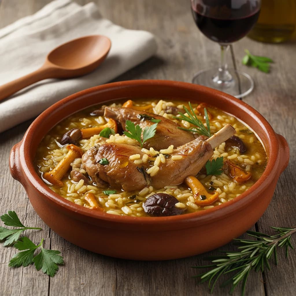 Arroz caldoso con setas y conejo