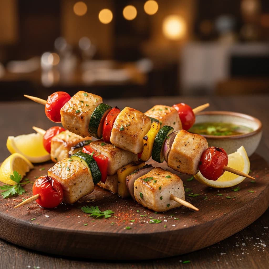 Brochetas de dorada con verduras