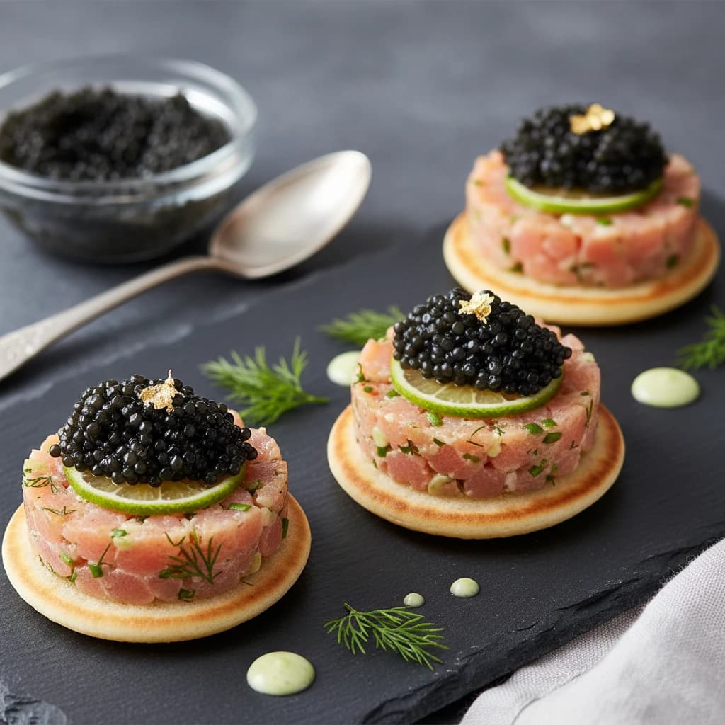 Canapés de tartar de trucha y caviar