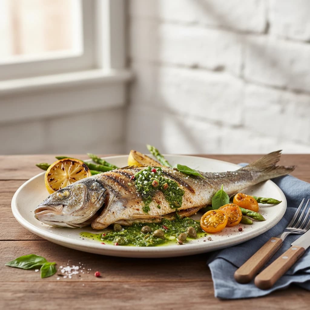 Lubina a la plancha con salsa verde mediterránea